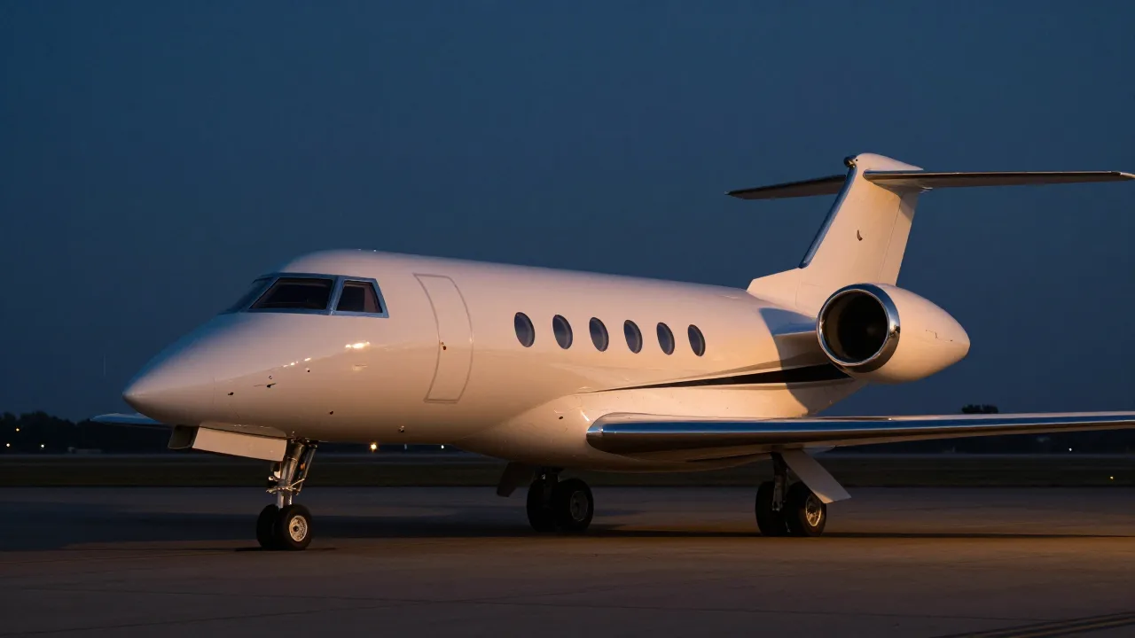 Private business jet on a dark night ramp